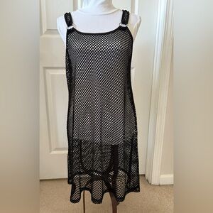 Black FishNet LBD Mesh Crochet Knit Tank Mini Dress Beach Coverup Silver Ring XL
